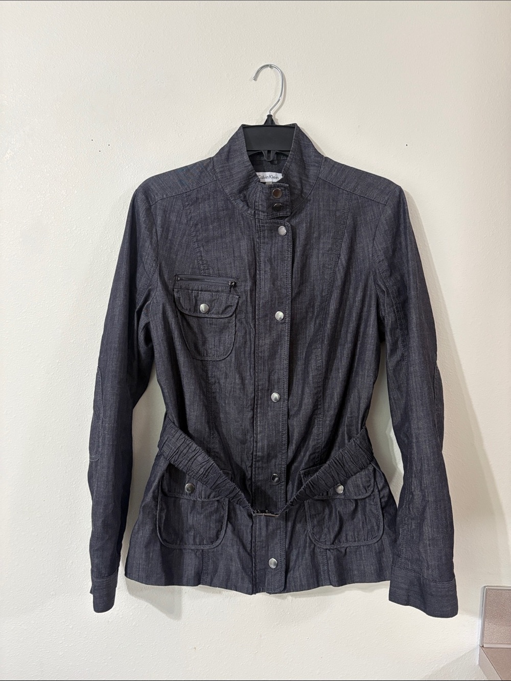 Calvin Klein Grey Utility Cinched Belted Waist Denim-Like Jacket 10 Like New